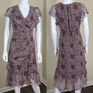 Shoshanna Women's Size 6 Elnora Silk Ruffle Floral Metallic Midi Dress Party